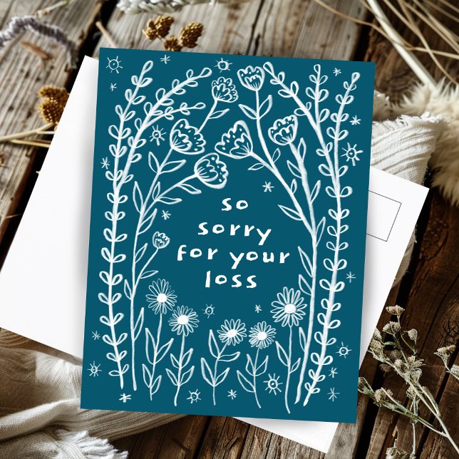 Carte Postale CONDOLÉANCES Dessin whimsique de fleurs Sorry (CONDOLENCES Floral Whimsical Sketch Doodle Sorry for Loss  Postcard
)