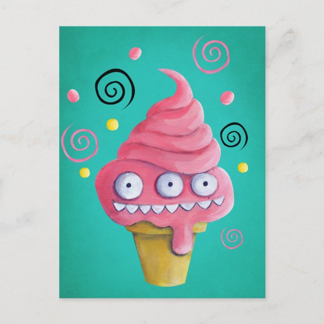 Carte Postale Cône de crème glacée rose Monster (Devant)