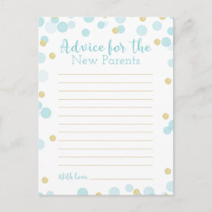 Carte Postale Confetti Baby shower bleu et or Mots de conseil