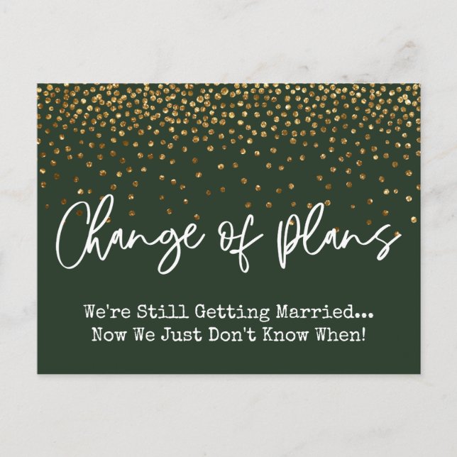 Carte Postale Confetti Green Changement de plans reporté Mariage (Devant)