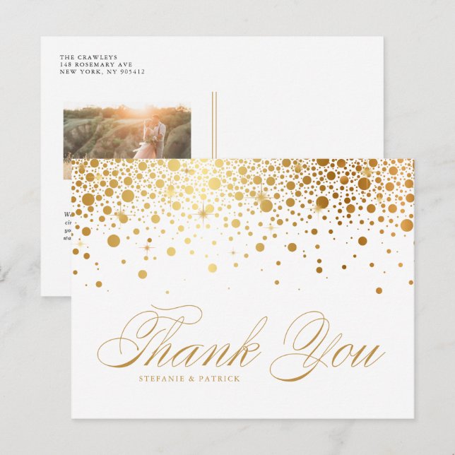 Carte Postale Confettis en feuille d'or faux Photo de mariage re (Devant / Derrière)