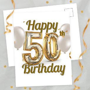Carte Postale Confettis et Ballons Dorés Élégants 50e Anniversai