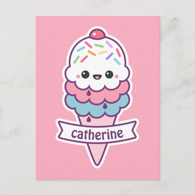 Carte Postale Conne de glace rose Kawaii (Devant)