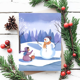 Carte Postale Construisons un Bonhomme de Neige Peinture d'hiv