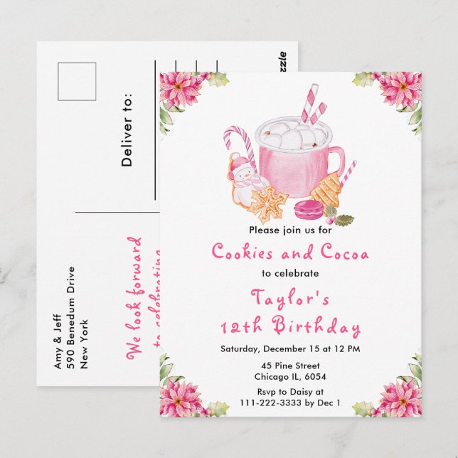 Carte Postale Cookies de Noël et cacao Fête Anniversaire rose (Devant / Derrière)
