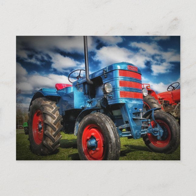 Carte Postale Cool Bleu Rouge Tracteur d'antiquités cadeaux pour (Devant)