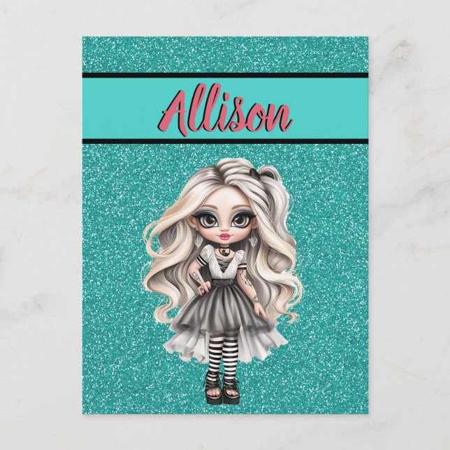 Carte Postale Cool Fashion Girl Turquoise Parties scintillant pe (Devant)
