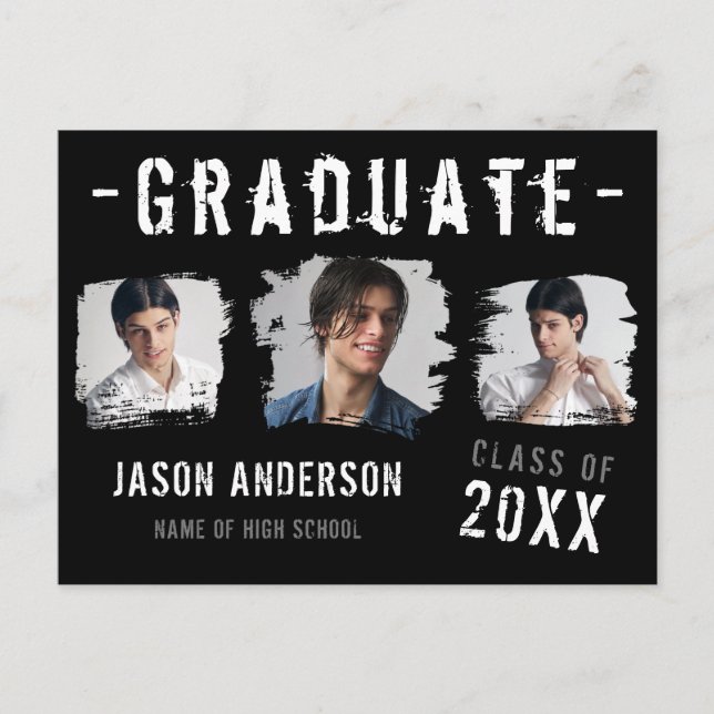 Carte Postale Cool Grunge Black 3 Photo Graduate Faire-part (Devant)