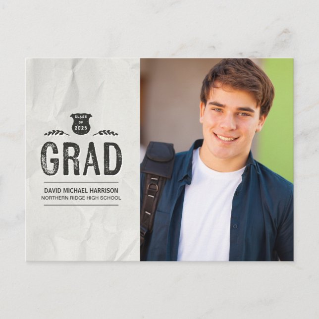 Carte Postale Cool Grunge Photo Graduation Faire-part (Devant)