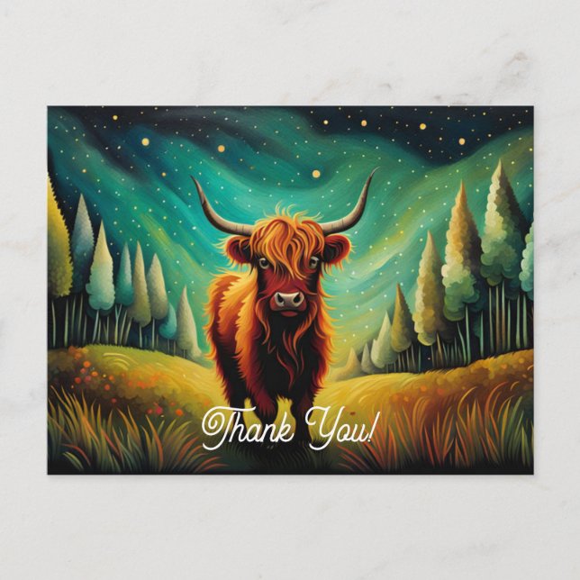 Carte Postale Cool Highland Cow Forêt Prairie Merci (Devant)