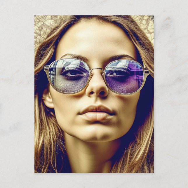 Carte Postale Cool Lady avec réflexion dans ses lunettes de sole (Devant)