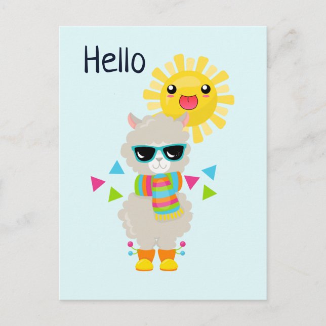 Carte Postale Cool Llama et souriant Kawaii Sun (Devant)