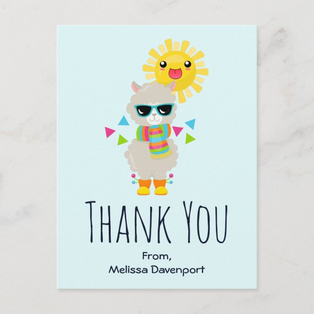 Carte Postale Cool Llama et souriant Kawaii Sun Merci (Devant)