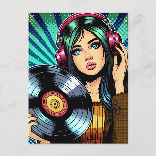 Carte Postale Cool Pop Art Comic Style Girl avec Album de Vinyl (Devant)