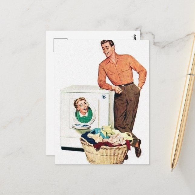 Carte Postale cool rétro vintage lessive homme (Devant/Arrière en situation)