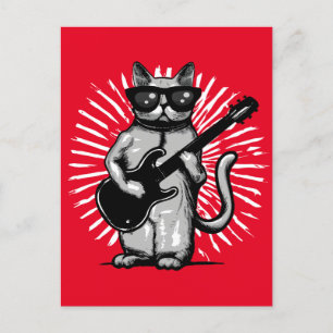 Carte Postale Cool Rock Et Rouleau Chat Jouer Guitare Électrique