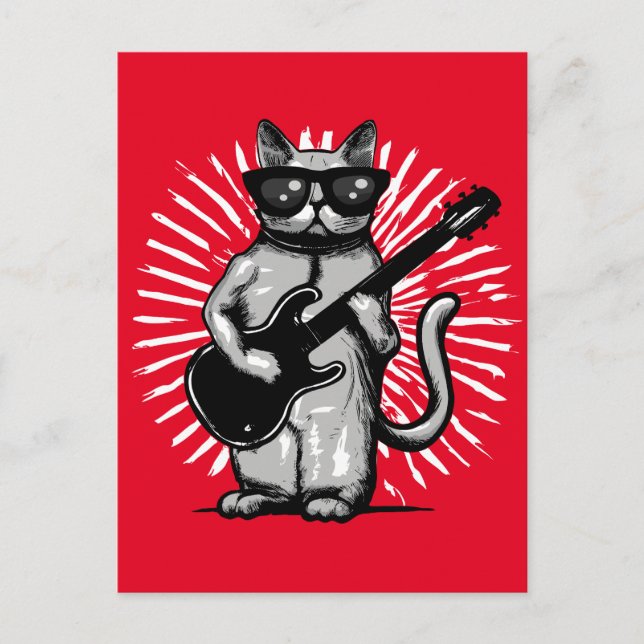 Carte Postale Cool Rock Et Rouleau Chat Jouer Guitare Électrique (Devant)