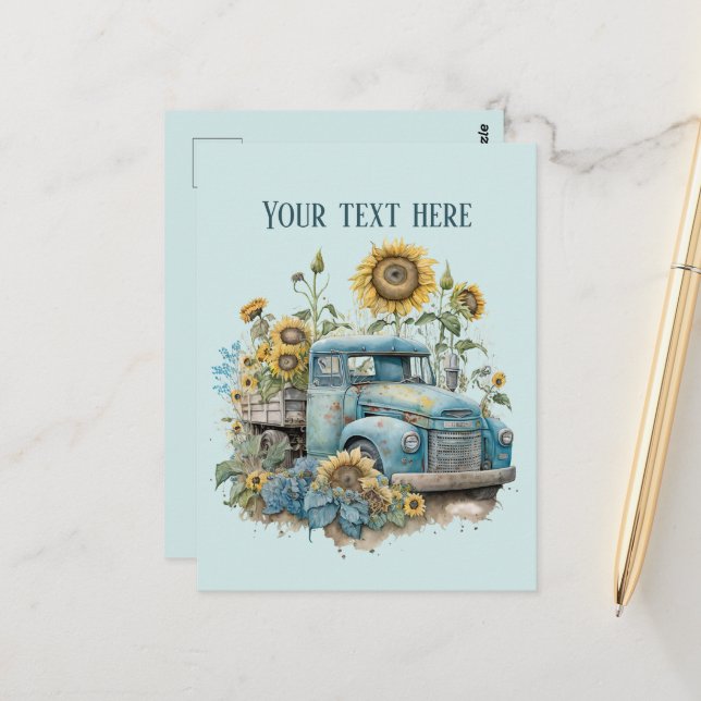 Carte Postale Cool vieux Fermiers camion tournesols ajouter du t (Devant/Arrière en situation)