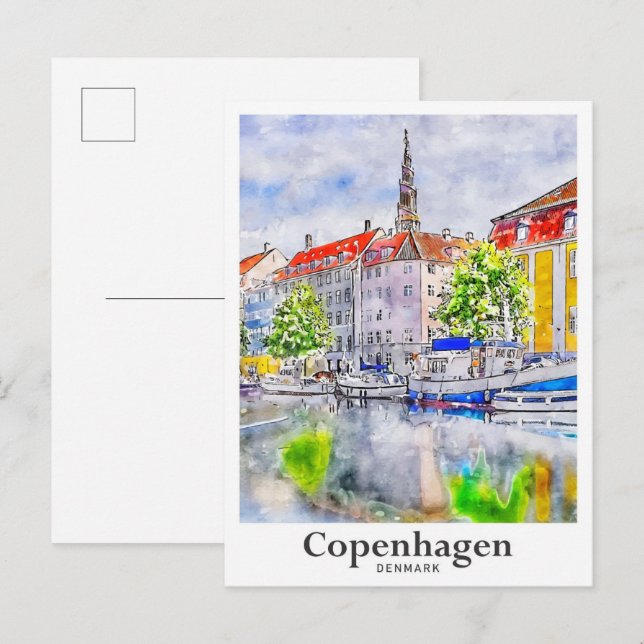 Carte Postale Copenhague Danemark Aquarelle Voyage Main tirée (Devant / Derrière)