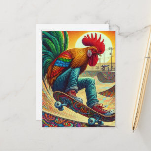 Carte Postale Coq de skateboard surréaliste drôle