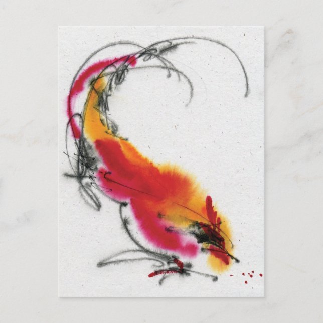 Carte Postale Coq inhabituel. Calligraphie et aquarelle. (Devant)