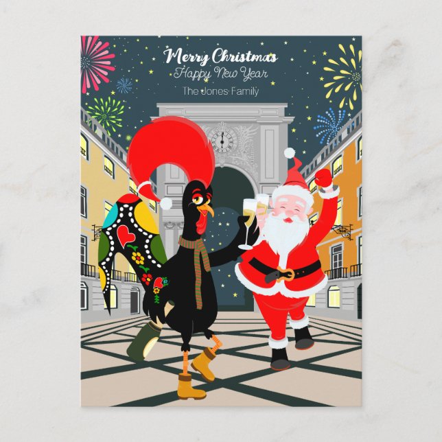 Carte Postale Coq portugais et toast Père Noël au Nouvel An (Devant)
