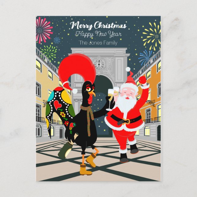 Carte Postale Coq portugais et toast Père Noël au Nouvel An (Devant)