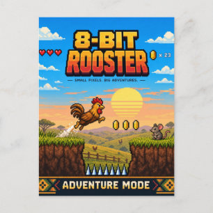 Carte Postale Coq, Rétro Pixel Art 8-Bit