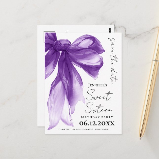 Carte Postale Coquette Arc-en-ciel Violet Save the Date pour Swe (Devant/Arrière en situation)