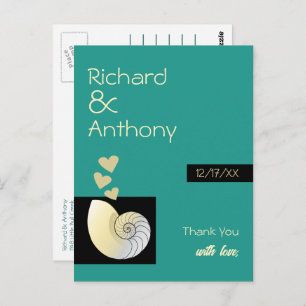 Carte Postale Coquillage et Coeurs, Merci de mariage de plage