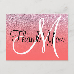 Carte Postale Corail Rose Ombré Paillettes Monogramme Merci