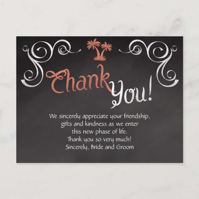 Carte Postale Coral Chalkboard Script Plage Merci de mariage (Devant)