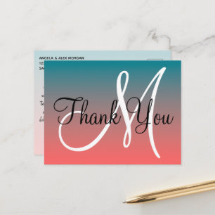 Carte Postale Coral Sarcelle Ombré Monogramme Merci
