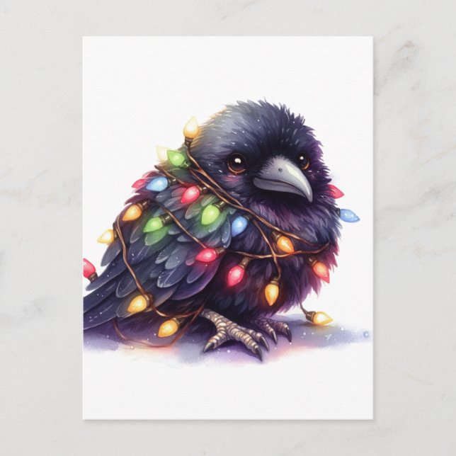 Carte Postale Corbeau adorable avec lumières de Noël (Devant)