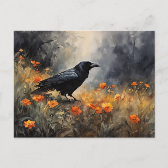 Carte Postale Corbeau aquarelle dans un champ Fleur sauvage (Devant)