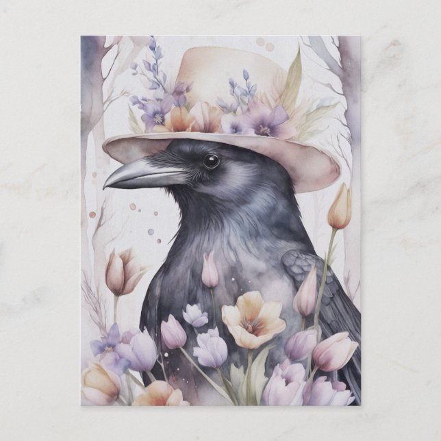 Carte Postale Corbeau avec chapeau au printemps avec fleurs (Devant)