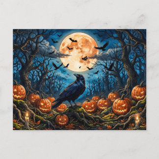 Carte Postale Corbeau, citrouilles et pleine lune d'Halloween