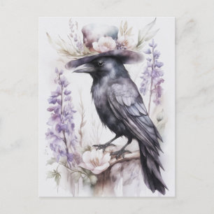 Carte Postale Corbeau Crow avec chapeau et fleurs Watercolor