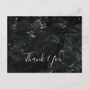 Carte Postale Corbeau floral noir gothique et Merci Rose