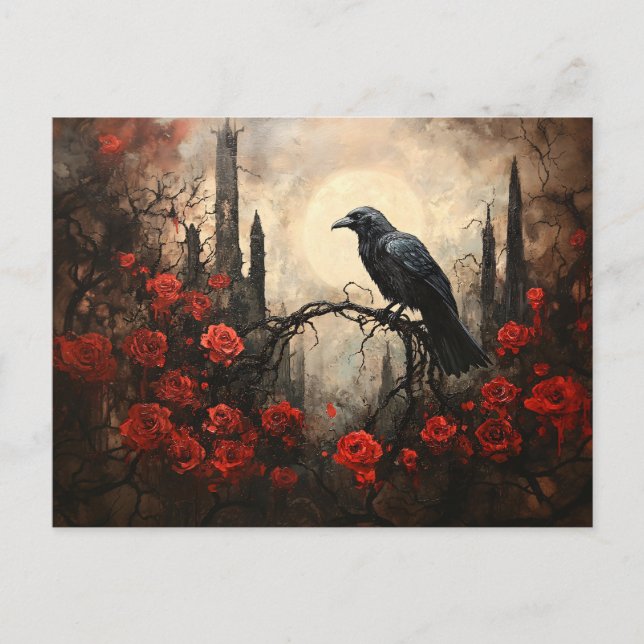 Carte Postale Corbeau gothique aux roses rouges foncées (Devant)