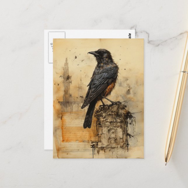 Carte Postale Corbeau Gothique Sépia Vintage (Devant/Arrière en situation)