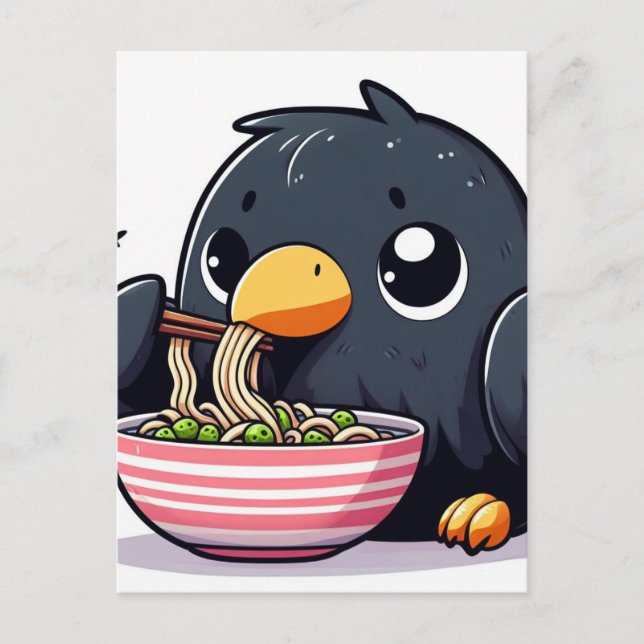 Carte Postale Corbeau manger Ramen (Devant)