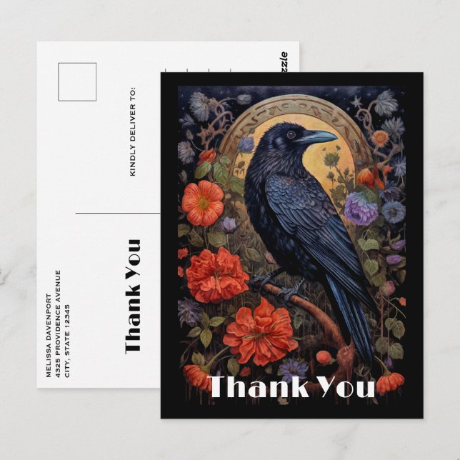 Carte Postale Corbeau noir avec fleurs, dessin gothique, merci (Devant / Derrière)