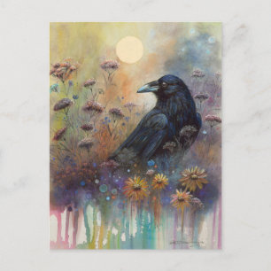 Carte Postale Corbeau peint à la main avec Fleurs sauvages
