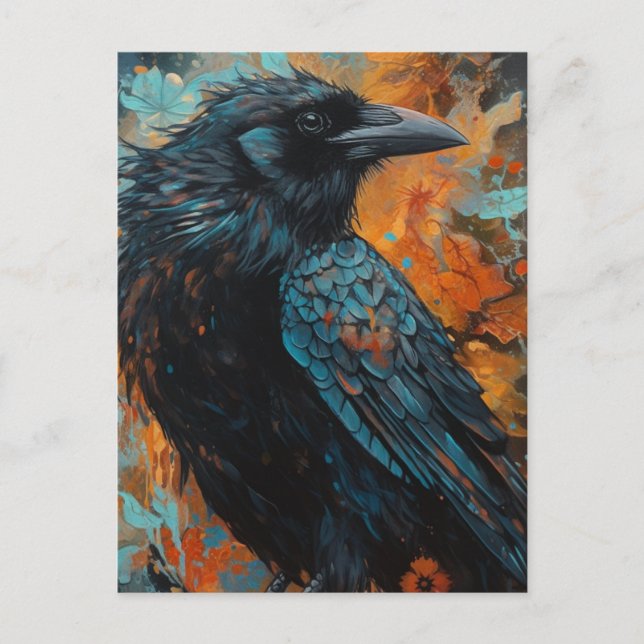 Carte Postale Corbeau sur fond bleu et orange (Devant)