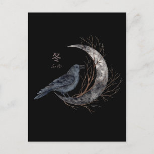 Carte Postale Corbeau sur la lune de croissant avec Kanji d'hive
