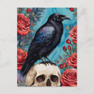 Carte Postale Corbeau sur le crâne Roses rouges Arrière - plan T