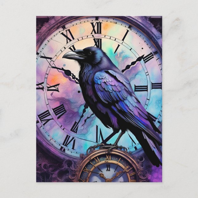 Carte Postale Corbeau sur l'horloge aquarelle (Devant)