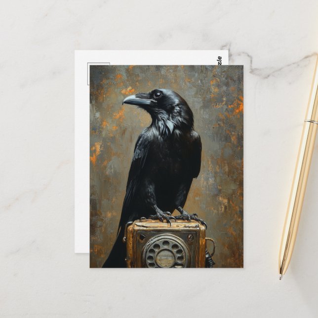 Carte Postale Corbeau sur un téléphone (Devant/Arrière en situation)