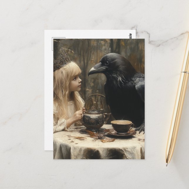 Carte Postale Corbeau surréaliste et Tea Party Imaginaire enfant (Devant/Arrière en situation)